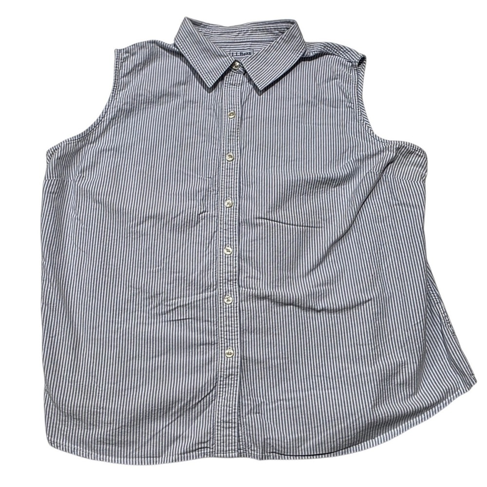 LL Bean Sleeveless Button Down Shirt Womens 2X Blue White Striped Cotton